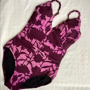 Lands End tropical, pink & purple one-piece slimming swimsuit - size 4